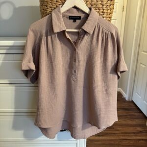 Gibsonlook Tan Button Front Gauze Polo Lightweight Short Sleeve Casual Top